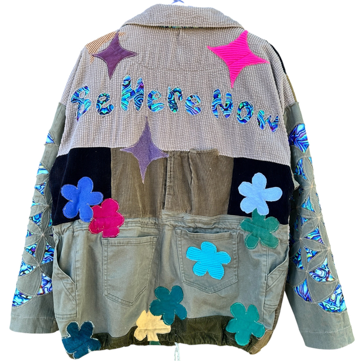 "BE HERE NOW" POCKET PATCHWORK COLLARED JACKET - SIZE XL
