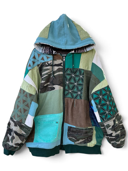 ‘BE HERE NOW’ REVERSIBLE POCKET PATCHWORK COAT - SIZE XL