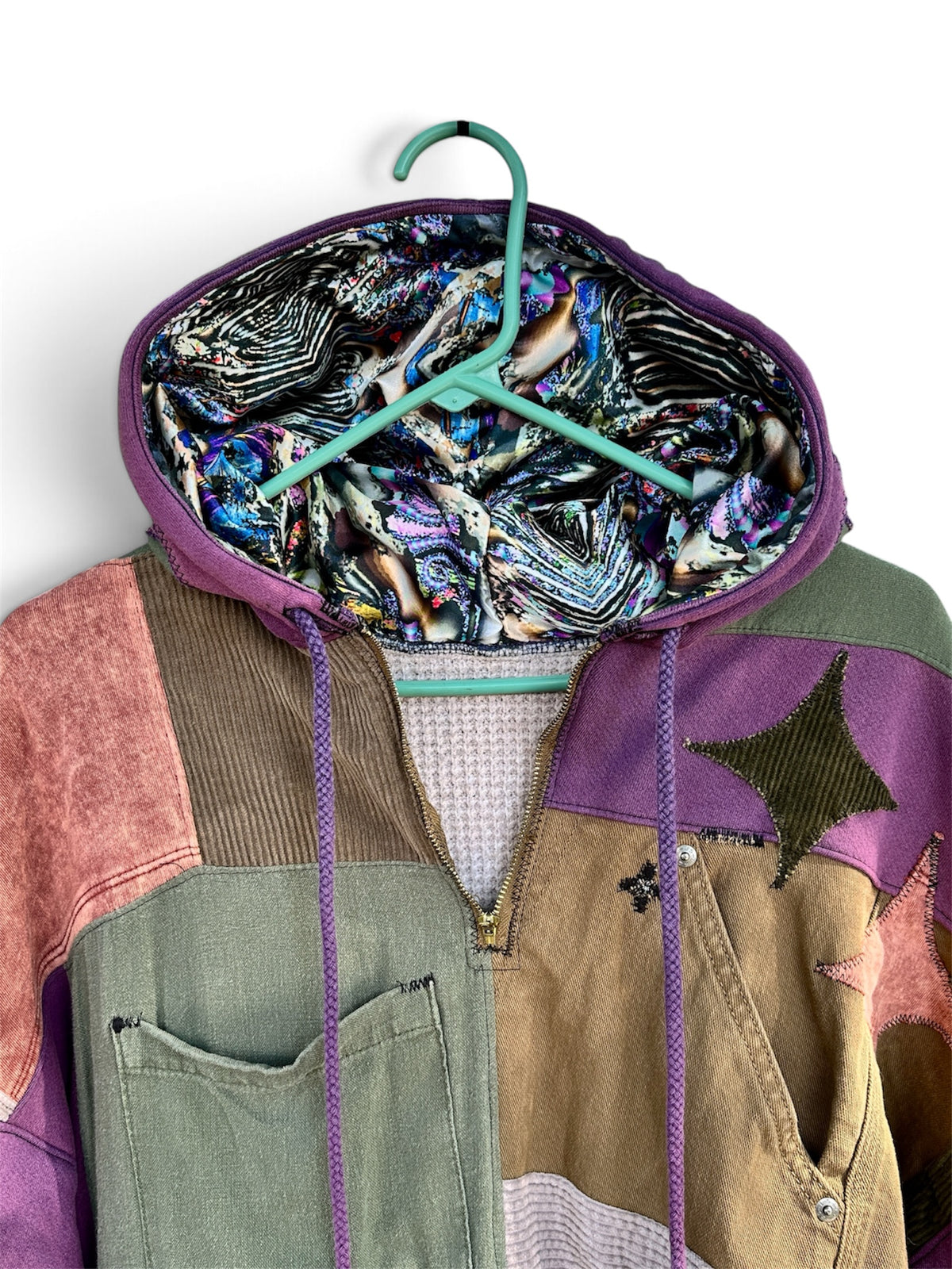 ‘BE LOVE’ POCKET PATCHWORK HOODIE JACKET - SIZE L