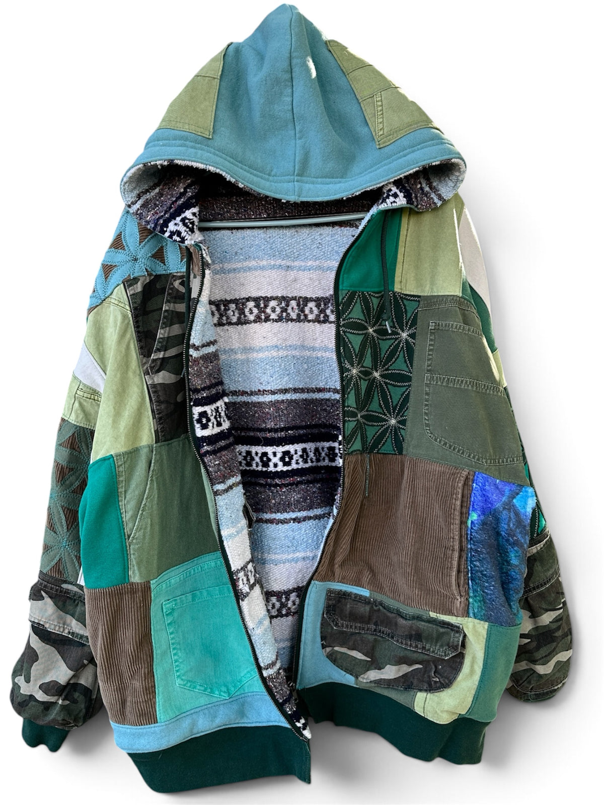 ‘BE HERE NOW’ REVERSIBLE POCKET PATCHWORK COAT - SIZE XL