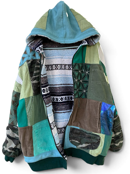 ‘BE HERE NOW’ REVERSIBLE POCKET PATCHWORK COAT - SIZE XL