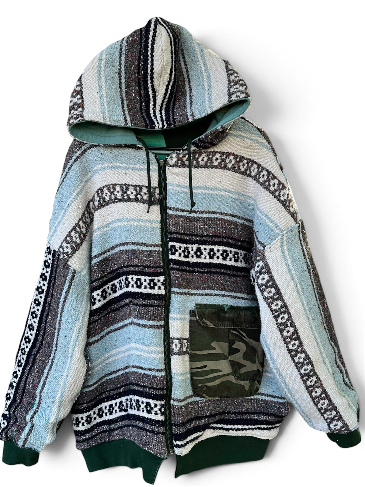 ‘BE HERE NOW’ REVERSIBLE POCKET PATCHWORK COAT - SIZE XL
