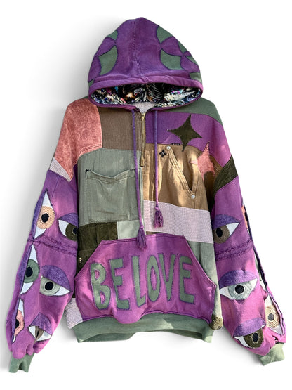 ‘BE LOVE’ POCKET PATCHWORK HOODIE JACKET - SIZE L