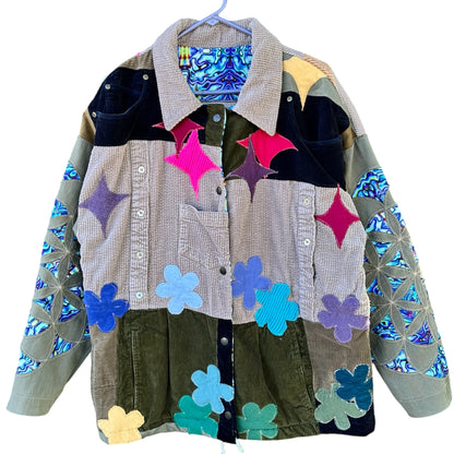"BE HERE NOW" POCKET PATCHWORK COLLARED JACKET - SIZE XL