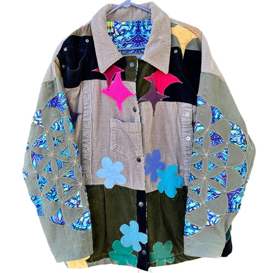 "BE HERE NOW" POCKET PATCHWORK COLLARED JACKET - SIZE XL
