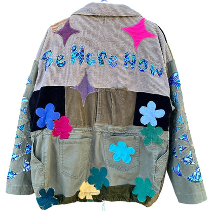 "BE HERE NOW" POCKET PATCHWORK COLLARED JACKET - SIZE XL