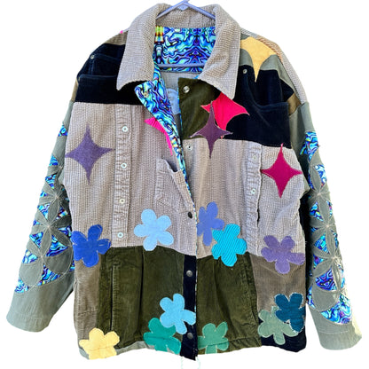 "BE HERE NOW" POCKET PATCHWORK COLLARED JACKET - SIZE XL